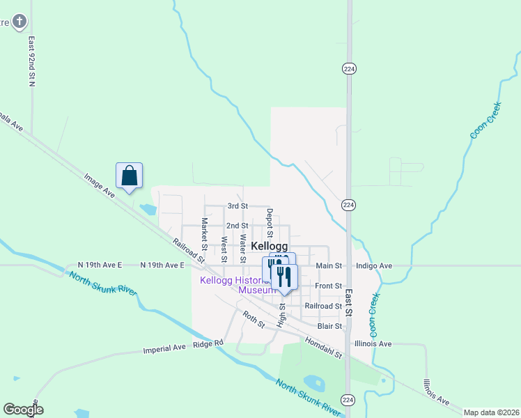 map of restaurants, bars, coffee shops, grocery stores, and more near 512 3rd Street in Kellogg