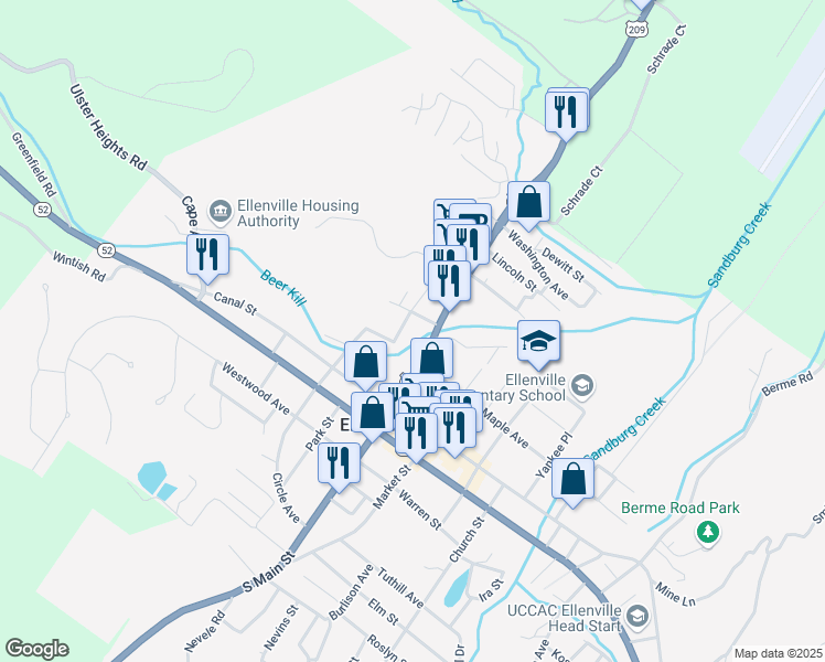 map of restaurants, bars, coffee shops, grocery stores, and more near 4 Hickory Street in Ellenville