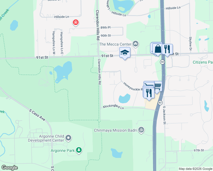 map of restaurants, bars, coffee shops, grocery stores, and more near 22 Kingery Quarter in Willowbrook