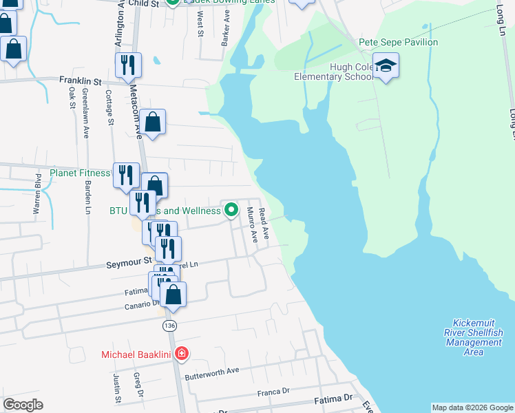 map of restaurants, bars, coffee shops, grocery stores, and more near 10 Read Avenue in Warren