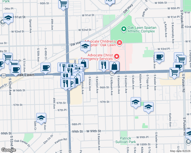 map of restaurants, bars, coffee shops, grocery stores, and more near 4627 U.S. 12 in Oak Lawn