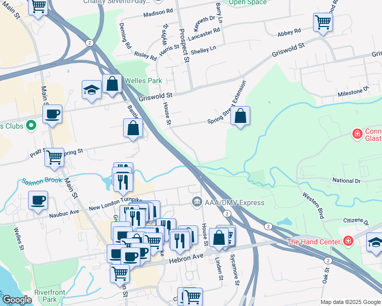 map of restaurants, bars, coffee shops, grocery stores, and more near 189 House Street in Glastonbury