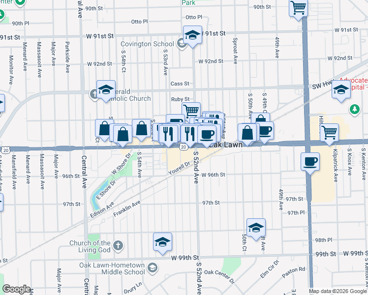 map of restaurants, bars, coffee shops, grocery stores, and more near 5219 West 95th Street in Oak Lawn