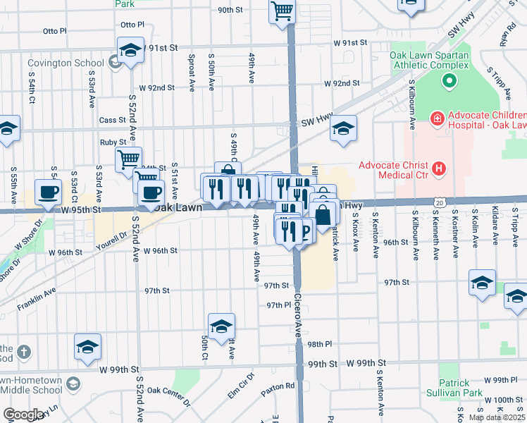 map of restaurants, bars, coffee shops, grocery stores, and more near 9516 Lacrosse Avenue in Oak Lawn