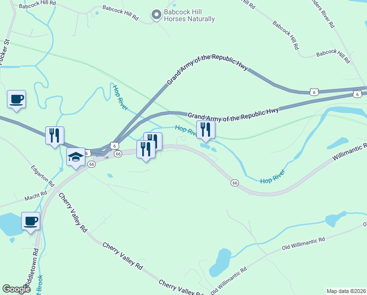 map of restaurants, bars, coffee shops, grocery stores, and more near 188 Willimantic Road in Columbia