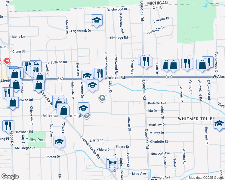 map of restaurants, bars, coffee shops, grocery stores, and more near 2657 West Alexis Road in Toledo