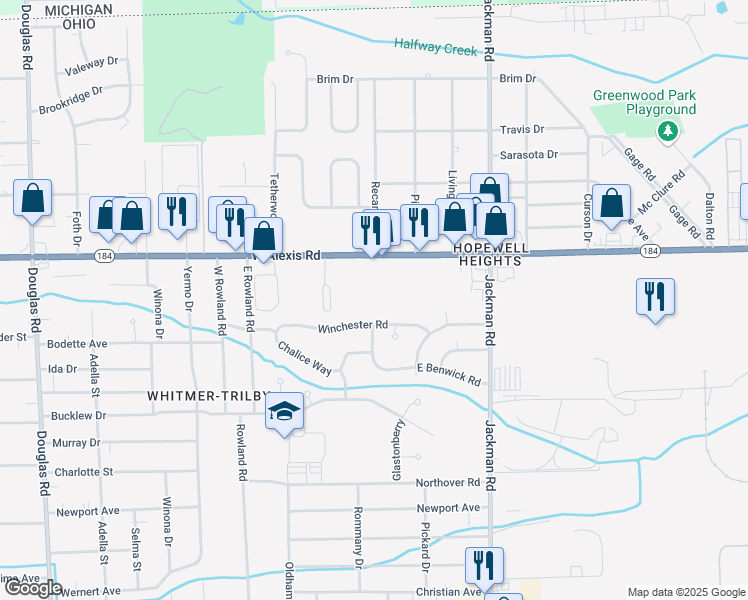 map of restaurants, bars, coffee shops, grocery stores, and more near 1865 West Alexis Road in Toledo