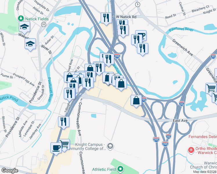 map of restaurants, bars, coffee shops, grocery stores, and more near 650 Bald Hill Road in Warwick