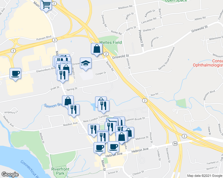 map of restaurants, bars, coffee shops, grocery stores, and more near 1 Springbrook Drive in Glastonbury