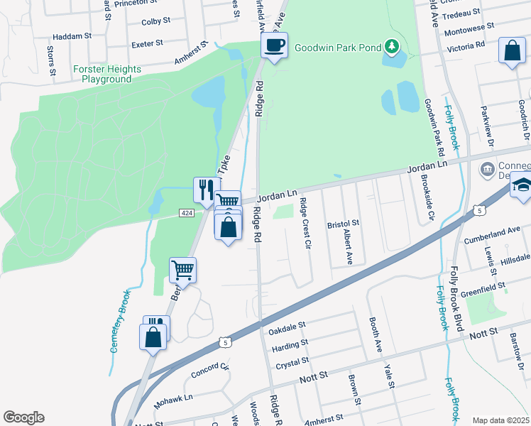 map of restaurants, bars, coffee shops, grocery stores, and more near 170 Ridge Road in Wethersfield