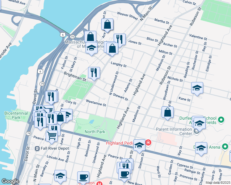 map of restaurants, bars, coffee shops, grocery stores, and more near 165 Stewart Street in Fall River