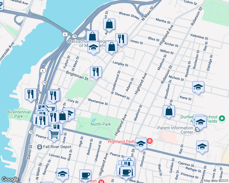map of restaurants, bars, coffee shops, grocery stores, and more near 165 Stewart Street in Fall River