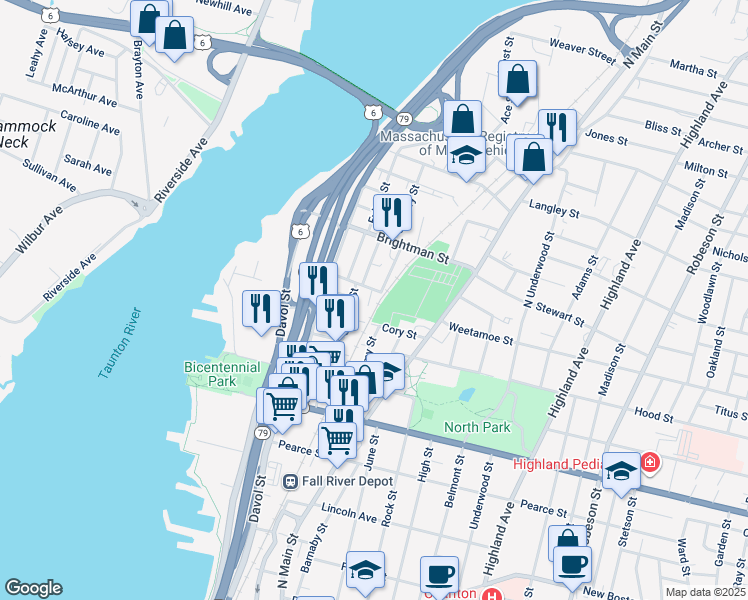 map of restaurants, bars, coffee shops, grocery stores, and more near 180 Cory Street in Fall River