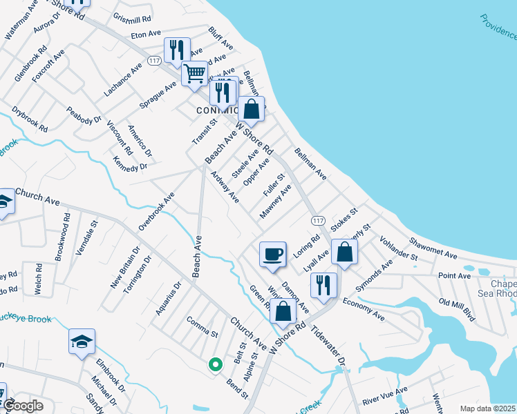 map of restaurants, bars, coffee shops, grocery stores, and more near 81 Mawney Avenue in Warwick