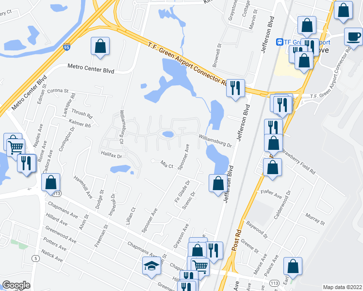 map of restaurants, bars, coffee shops, grocery stores, and more near 484 Round Hill Court in Warwick