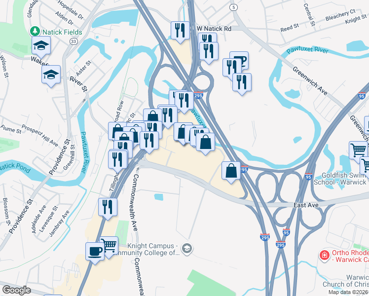 map of restaurants, bars, coffee shops, grocery stores, and more near 403-461 East Ave in Warwick