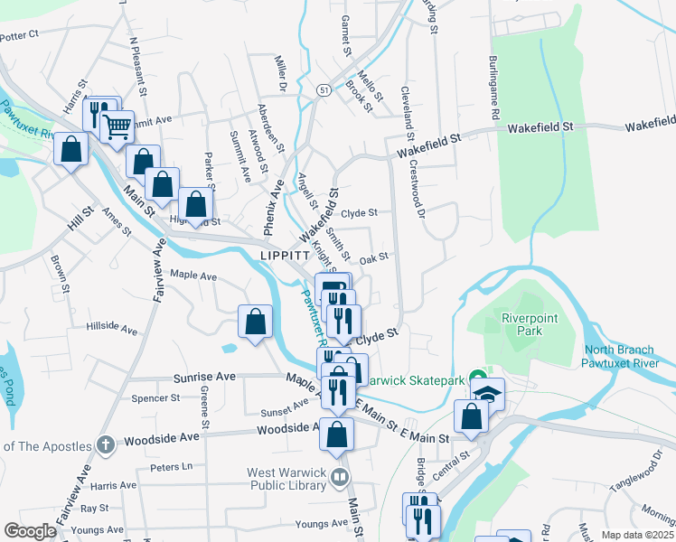 map of restaurants, bars, coffee shops, grocery stores, and more near 20 Knight Street in West Warwick