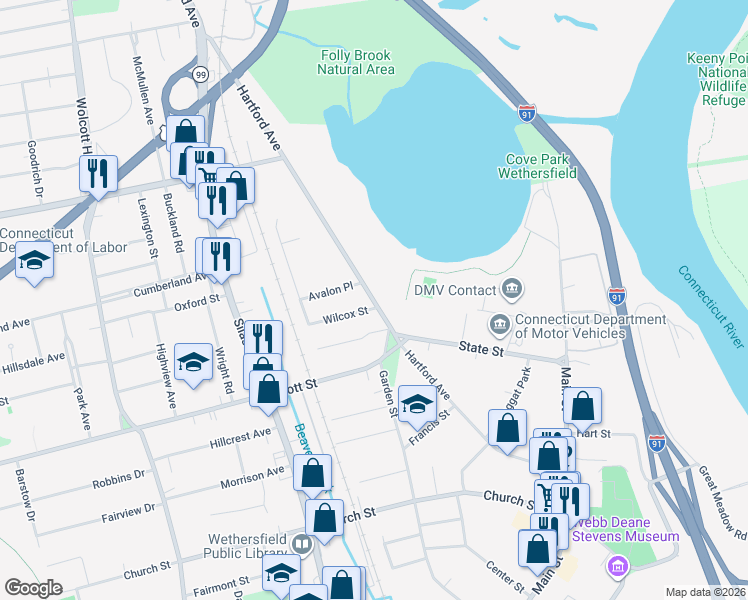 map of restaurants, bars, coffee shops, grocery stores, and more near 2 Wilcox Street in Wethersfield