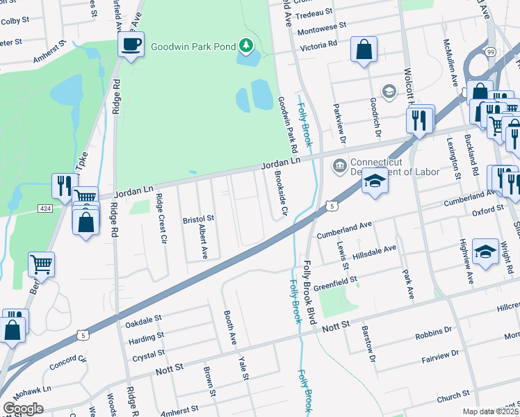 map of restaurants, bars, coffee shops, grocery stores, and more near 97 Brookside Circle in Wethersfield