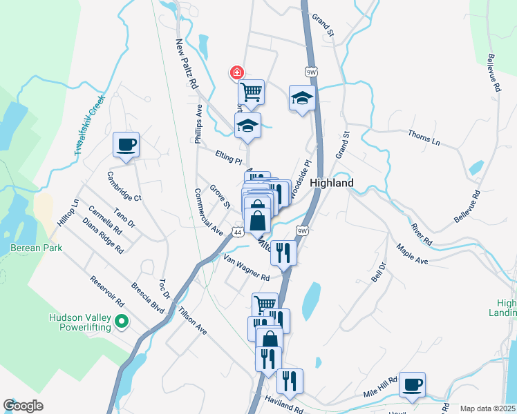 map of restaurants, bars, coffee shops, grocery stores, and more near 26 Main Street in Highland