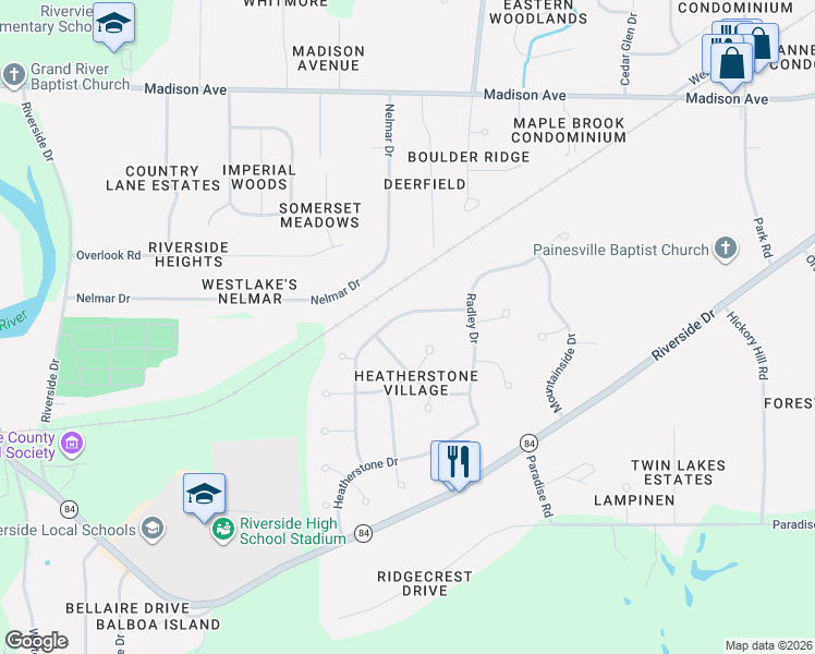 map of restaurants, bars, coffee shops, grocery stores, and more near 1155 Garwood Drive in Painesville