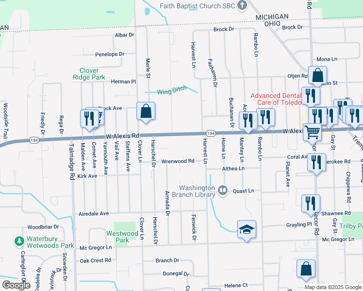 map of restaurants, bars, coffee shops, grocery stores, and more near 3725 West Alexis Road in Toledo