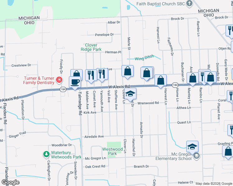 map of restaurants, bars, coffee shops, grocery stores, and more near 5747 Clover Lane in Toledo