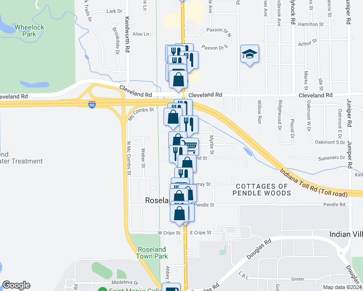 map of restaurants, bars, coffee shops, grocery stores, and more near 314 North Dixie Way in South Bend