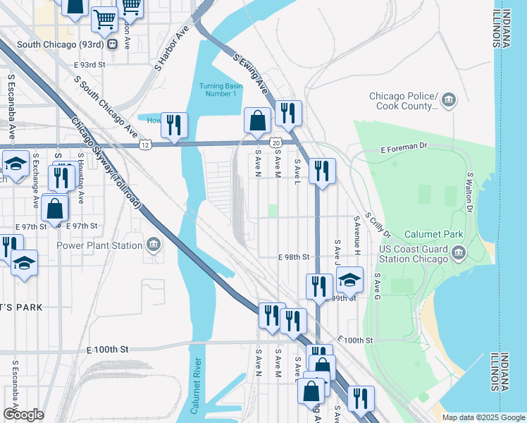 map of restaurants, bars, coffee shops, grocery stores, and more near 9659 South Avenue North in Chicago