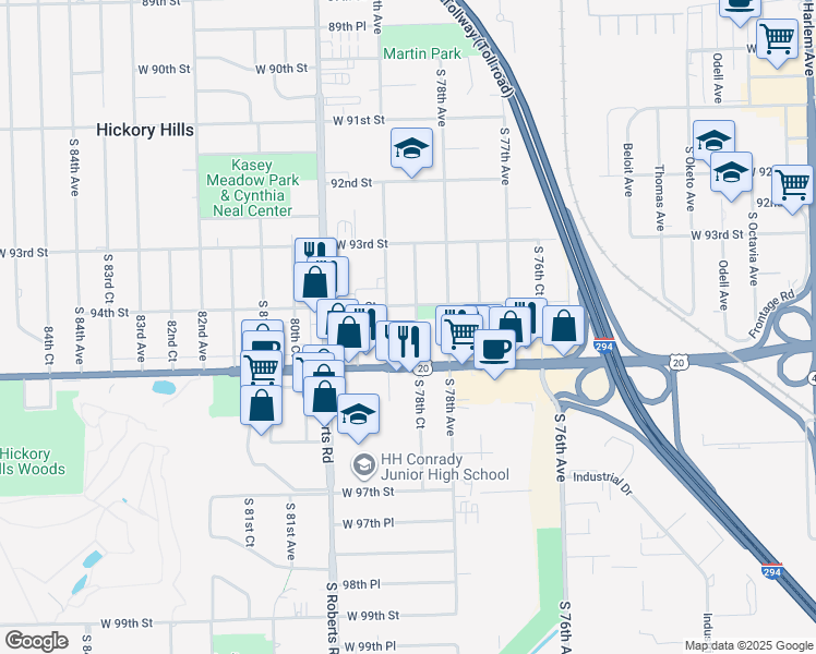 map of restaurants, bars, coffee shops, grocery stores, and more near 9434 South 78th Court in Hickory Hills