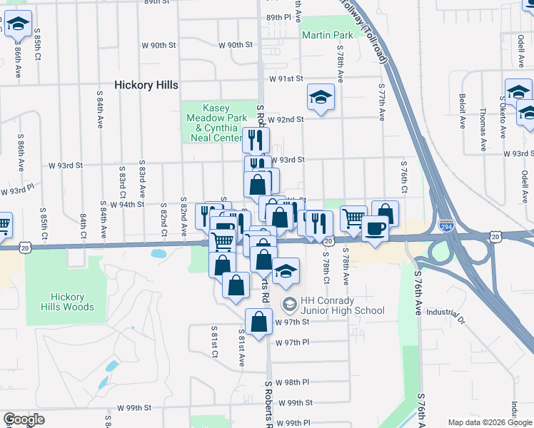 map of restaurants, bars, coffee shops, grocery stores, and more near 9421 South Roberts Road in Hickory Hills