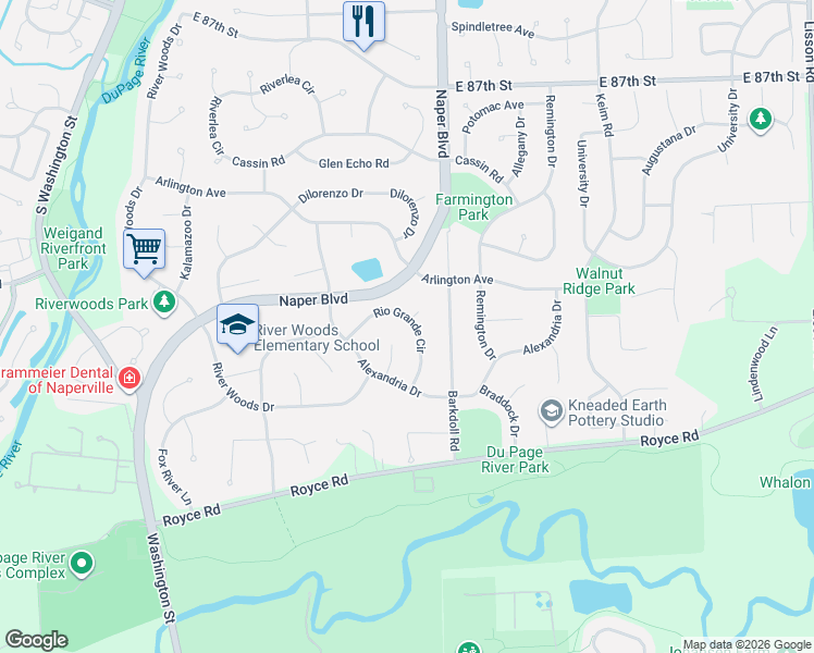 map of restaurants, bars, coffee shops, grocery stores, and more near 2418 Cimarron Court in Naperville