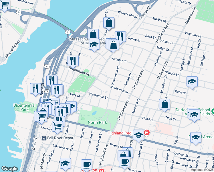 map of restaurants, bars, coffee shops, grocery stores, and more near 95 Stewart Street in Fall River