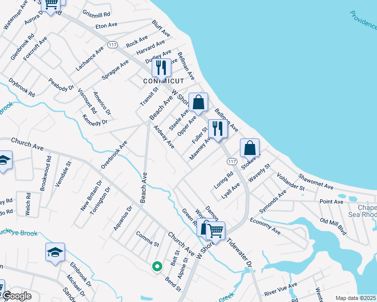 map of restaurants, bars, coffee shops, grocery stores, and more near 81 Mawney Avenue in Warwick