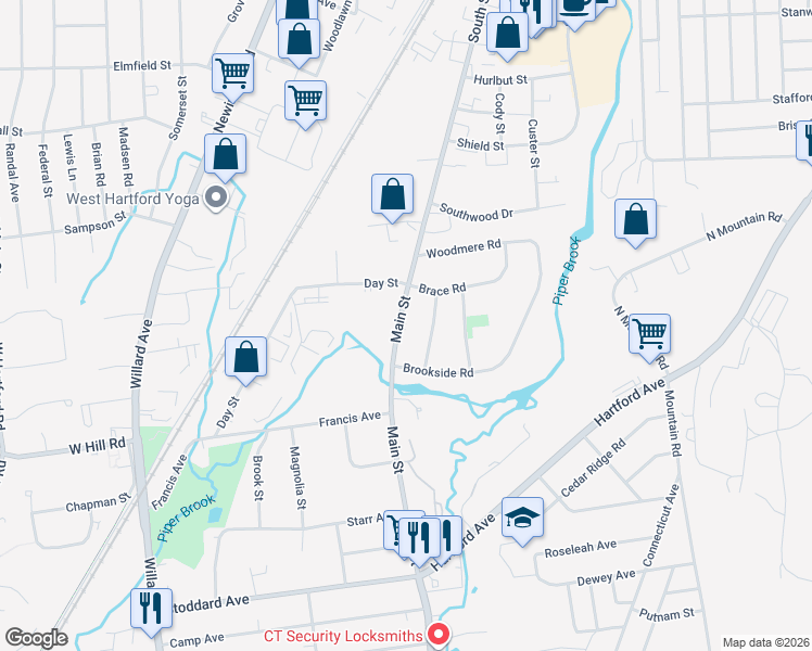 map of restaurants, bars, coffee shops, grocery stores, and more near 41 Sunnyside Road in Newington