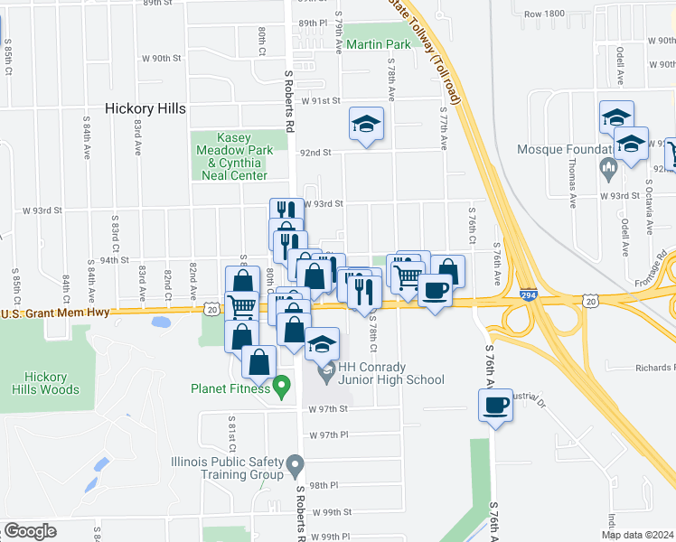 map of restaurants, bars, coffee shops, grocery stores, and more near 9400 South 79th Avenue in Hickory Hills