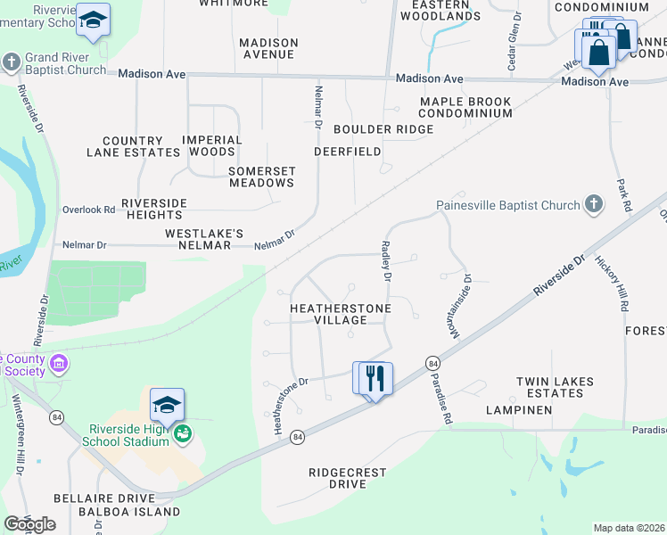 map of restaurants, bars, coffee shops, grocery stores, and more near 1155 Garwood Drive in Painesville
