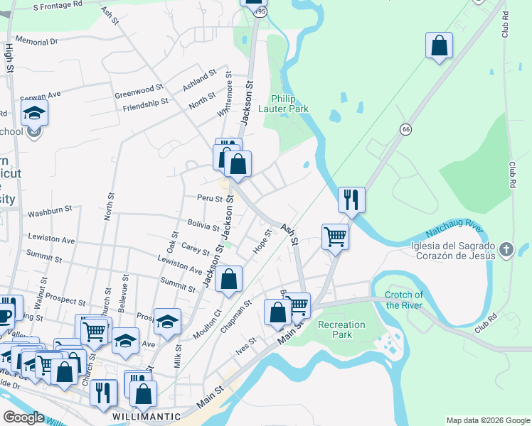 map of restaurants, bars, coffee shops, grocery stores, and more near 167 Ash Street in Windham