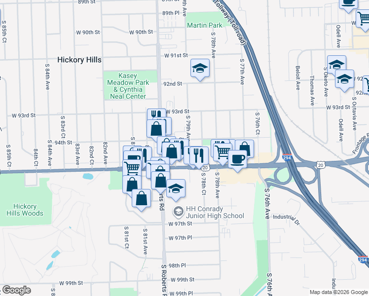 map of restaurants, bars, coffee shops, grocery stores, and more near 9400 South 79th Avenue in Hickory Hills