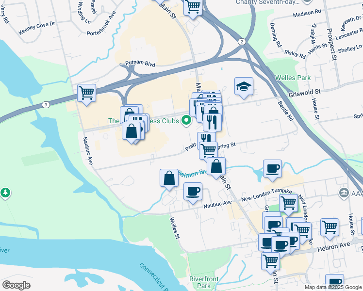 map of restaurants, bars, coffee shops, grocery stores, and more near 50 Pratt Street in Glastonbury