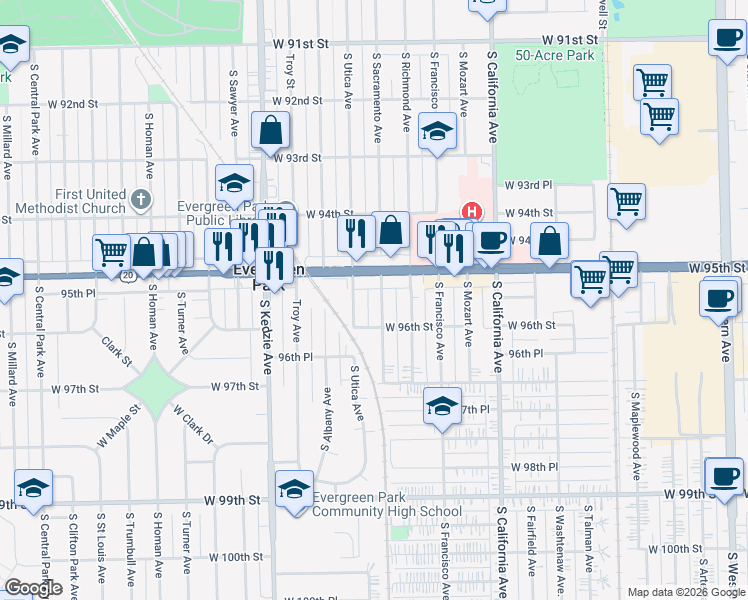 map of restaurants, bars, coffee shops, grocery stores, and more near 9539 South Utica Avenue in Evergreen Park