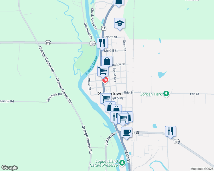 map of restaurants, bars, coffee shops, grocery stores, and more near in Saegertown