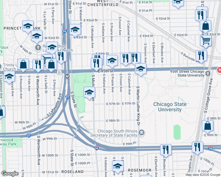map of restaurants, bars, coffee shops, grocery stores, and more near 9616 South Prairie Avenue in Chicago