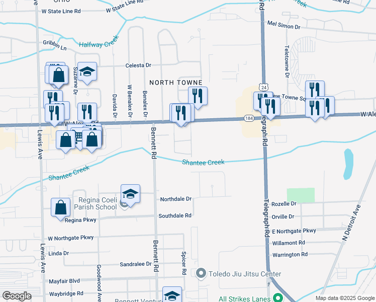 map of restaurants, bars, coffee shops, grocery stores, and more near 5725 Silverside Drive in Toledo