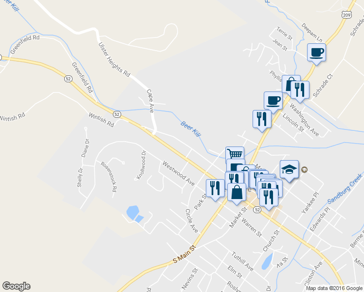 map of restaurants, bars, coffee shops, grocery stores, and more near 27 Canal Street in Ellenville