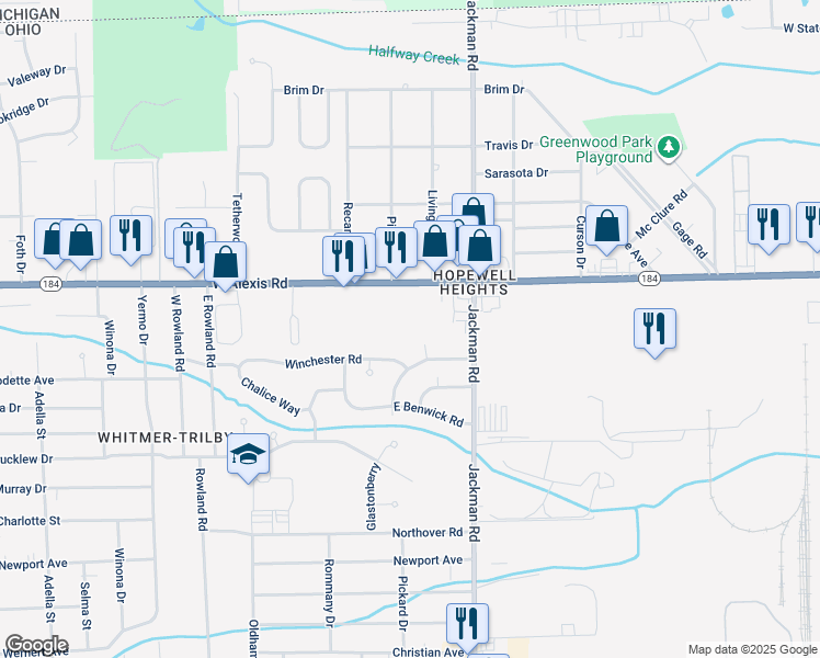 map of restaurants, bars, coffee shops, grocery stores, and more near 1801 West Alexis Road in Toledo