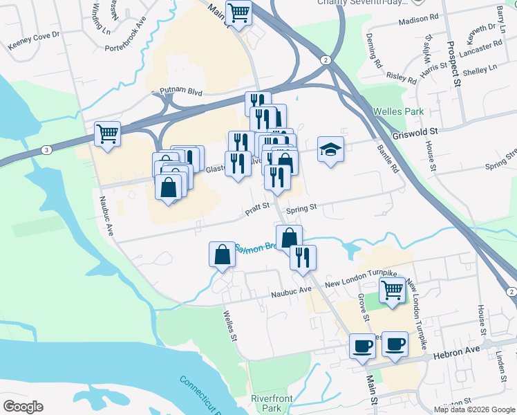 map of restaurants, bars, coffee shops, grocery stores, and more near 83 Pratt Street in Glastonbury
