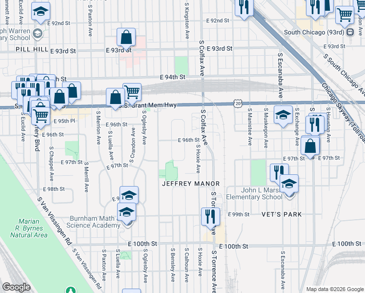 map of restaurants, bars, coffee shops, grocery stores, and more near 9610 South Calhoun Avenue in Chicago