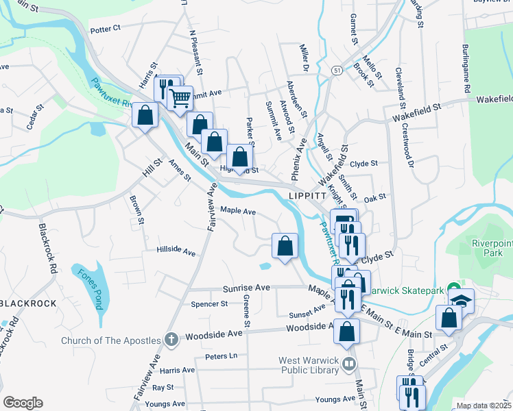 map of restaurants, bars, coffee shops, grocery stores, and more near 81 Maple Avenue in West Warwick