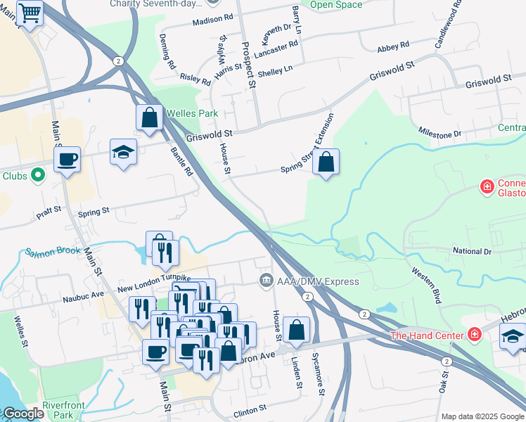 map of restaurants, bars, coffee shops, grocery stores, and more near 189 House Street in Glastonbury